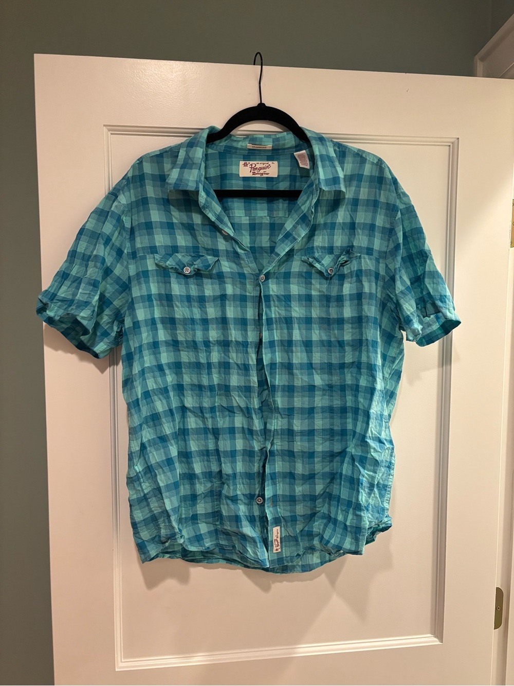Original Penguin Turquoise Plaid Short-Sleeve Button Down Shirt